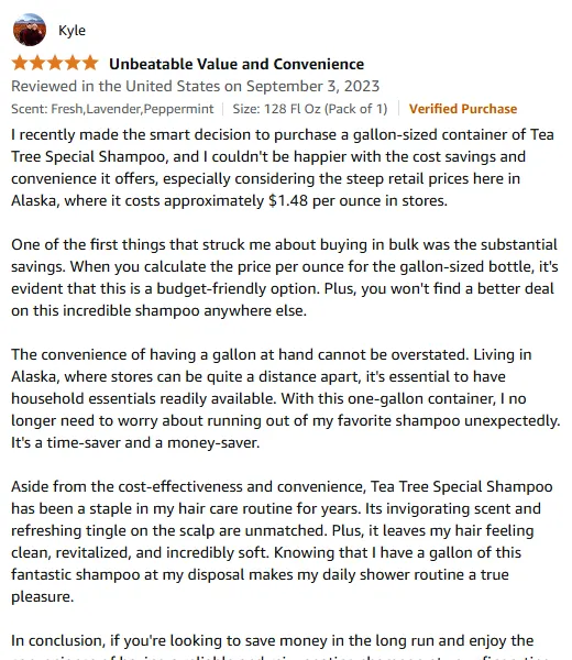 I choose this gallon tea tree shampoo for healthy hair